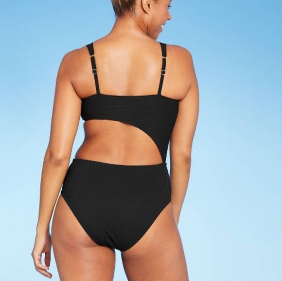 Shade & Shore Ribbed Cut Out One Piece Swimsuit Black - Picture 2 of 11
